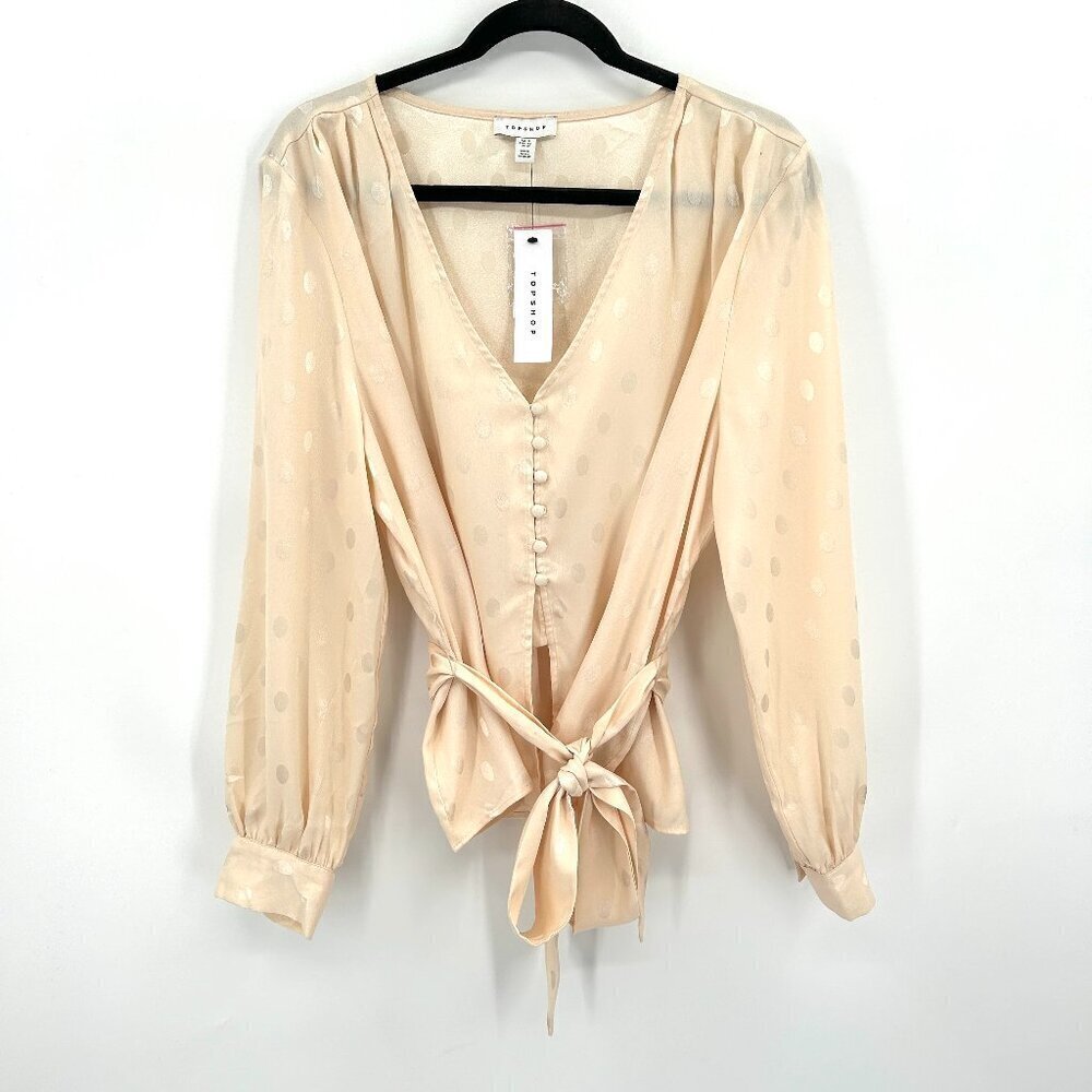 NWT TOPSHOP Flawed Blush Cream Jacquard Polka Dot Belted Button Up Blouse 12